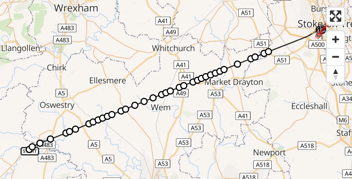 Flight route Air Ambulance Helicopter Llansantffraid-ym-Mechain - University Hospital North Staffs, 22 May 2026, 17:15
