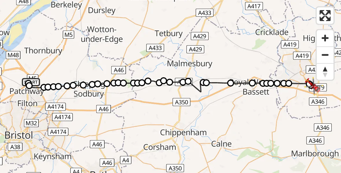 Flight route Air Ambulance Helicopter Almondsbury Helicopter Base - Badbury Park, 22 May 2026, 17:20