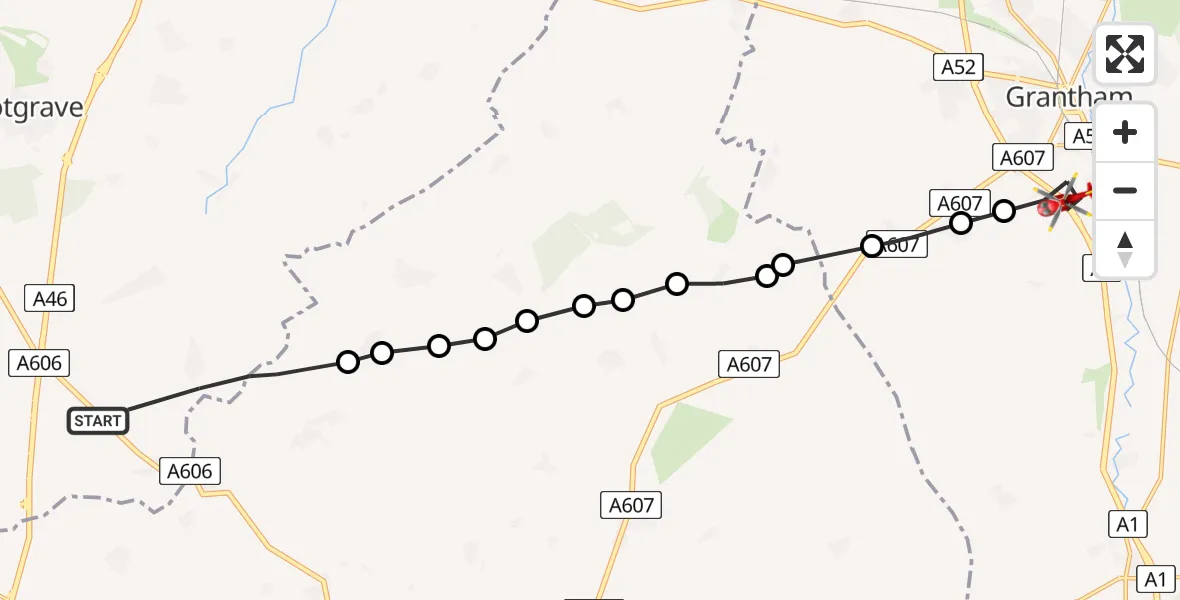 Flight route Air Ambulance Helicopter Hickling - Grantham, 22 May 2026, 17:22