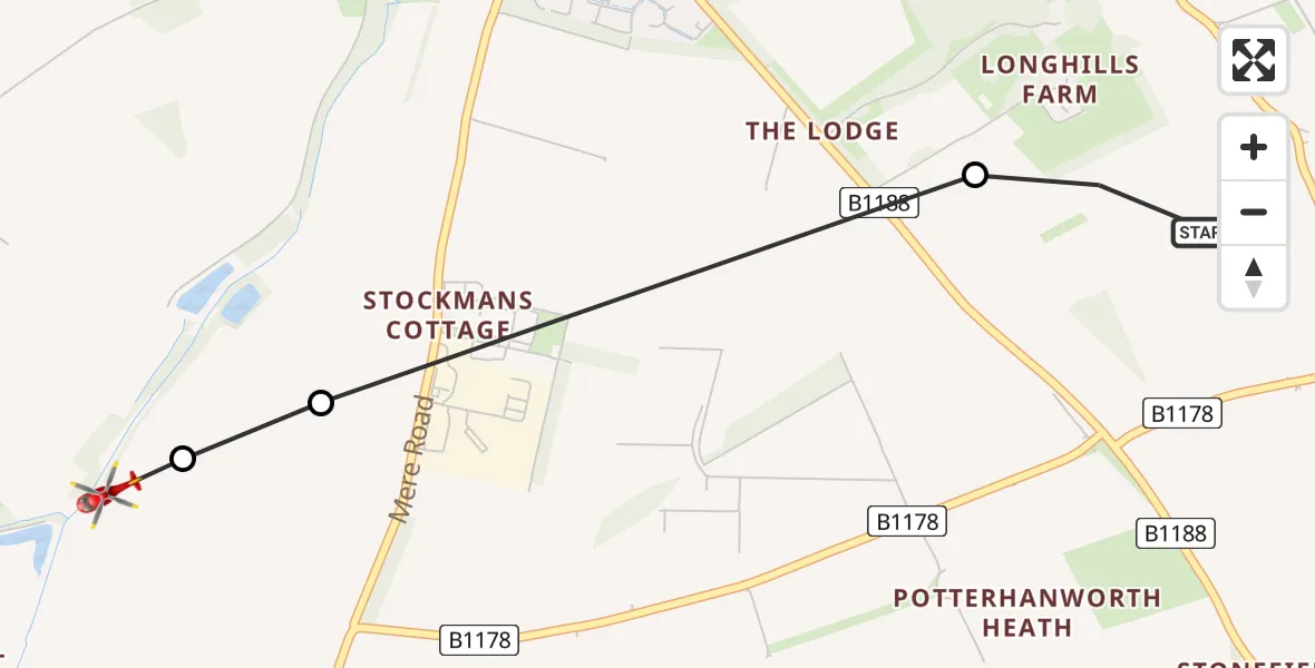Flight route Air Ambulance Helicopter Potterhanworth - North Kesteven, 22 May 2026, 17:24
