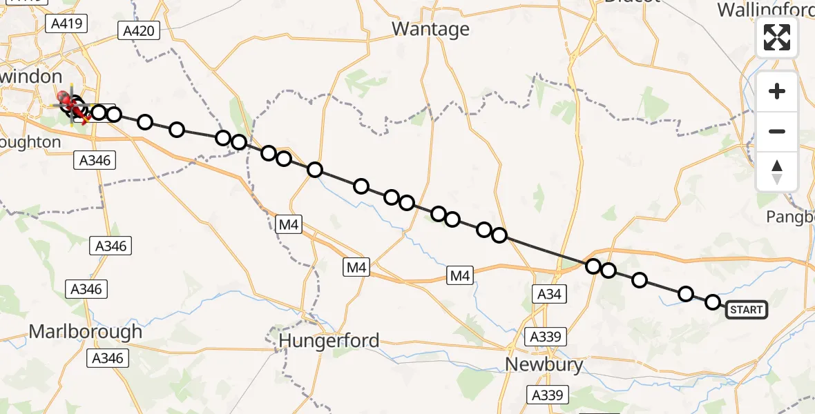 Flight route Air Ambulance Helicopter Bradfield Southend - Badbury Park, 22 May 2026, 17:29