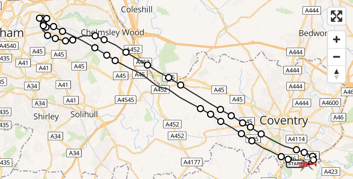 Flight route Air Ambulance Helicopter Warwick - Coventry Airport, 22 May 2026, 17:30