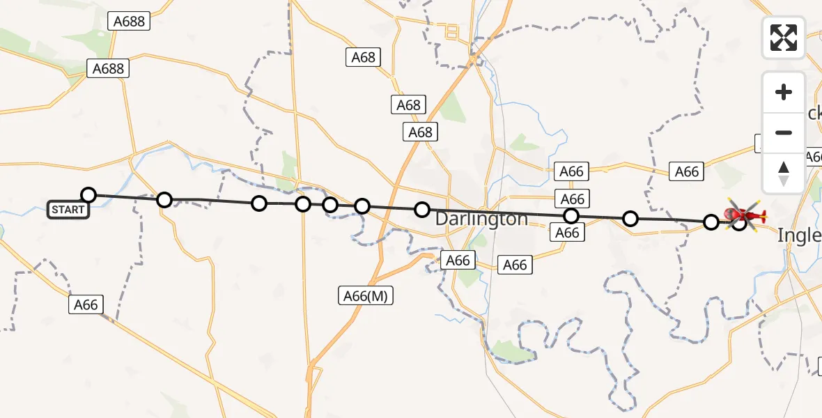 Flight route Air Ambulance Helicopter Wycliffe with Thorpe - Egglescliffe, 22 May 2026, 17:31