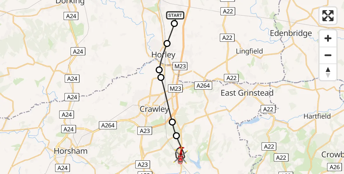 Flight route Air Ambulance Helicopter Redhill Aerodrome - Balcombe, 22 May 2026, 17:37