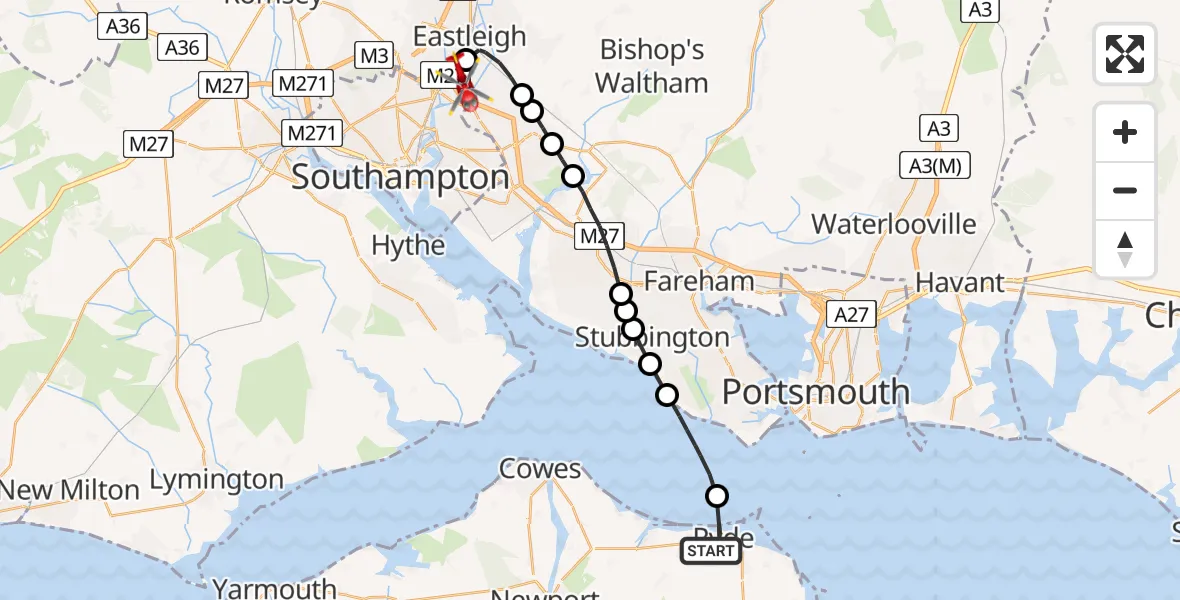 Flight route Air Ambulance Helicopter Ryde - Southampton Airport, 22 May 2026, 17:37