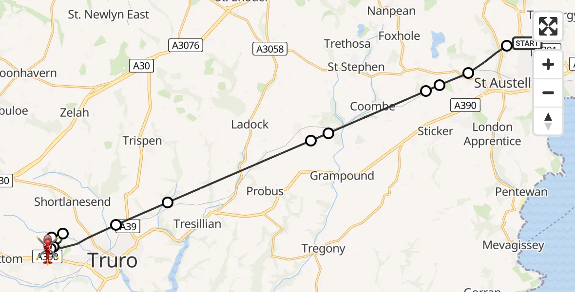 Flight route Air Ambulance Helicopter Trethurgy - Treliske Hospital, 22 May 2026, 17:40