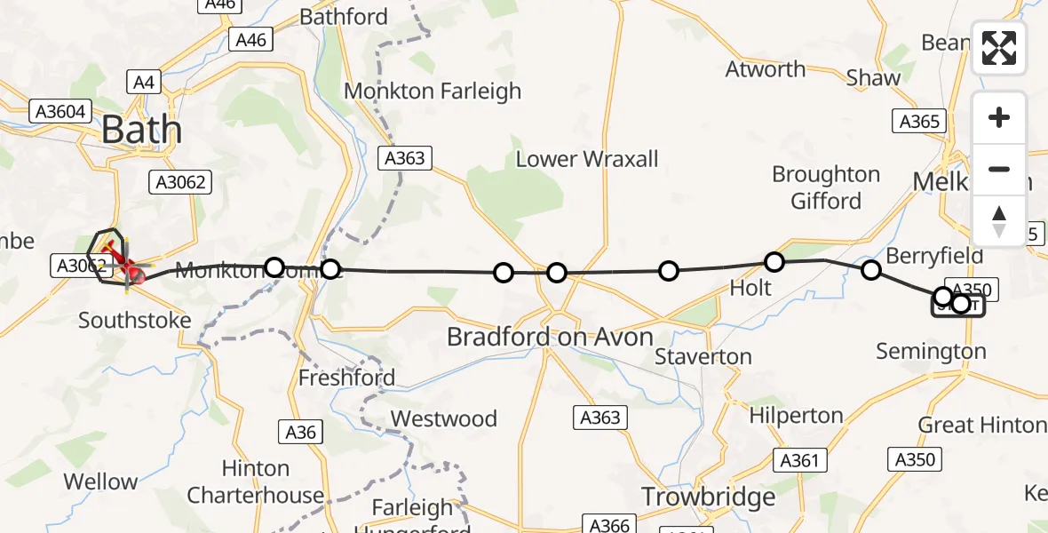 Flight route Air Ambulance Helicopter Wiltshire Air Ambulance - Bath, 22 May 2026, 17:46