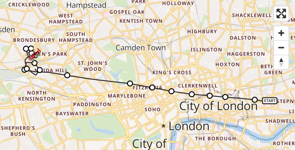 Flight route Air Ambulance Helicopter Royal London Hospital - Queen's Park, 22 May 2026, 17:57