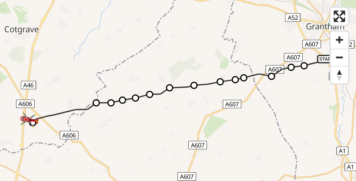 Flight route Air Ambulance Helicopter Grantham - Nottingham Heliport, 22 May 2026, 17:58