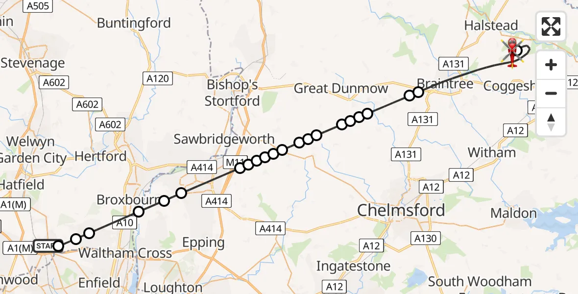 Flight route Air Ambulance Helicopter Potters Bar - Earls Colne Airfield, 22 May 2026, 17:59