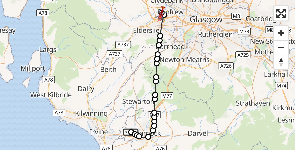 Flight route Air Ambulance Helicopter Crosshouse University Hospital - Glasgow Airport, 22 May 2026, 18:08