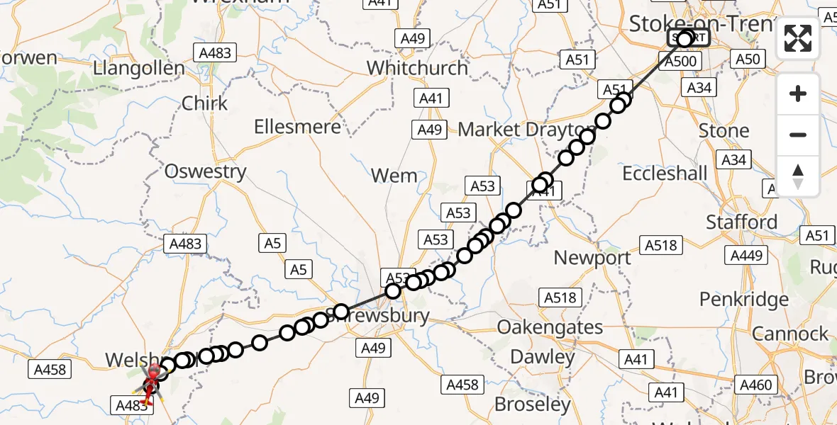Flight route Air Ambulance Helicopter University Hospital North Staffs - Welshpool Airport, 22 May 2026, 18:15