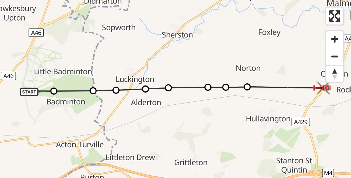 Flight route Air Ambulance Helicopter Badminton Airfield - Corston, 22 May 2026, 18:17