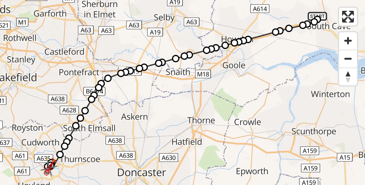 Flight route Air Ambulance Helicopter North Cave - Wombwell, 22 May 2026, 18:17