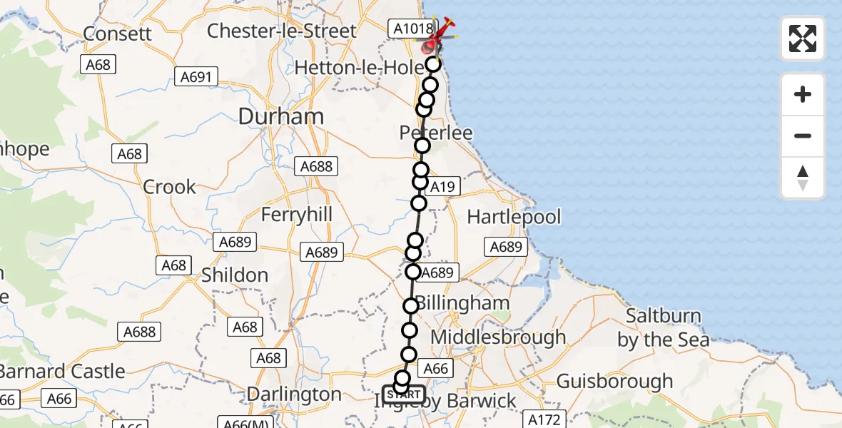 Flight route Air Ambulance Helicopter Egglescliffe - Seaham, 22 May 2026, 18:18