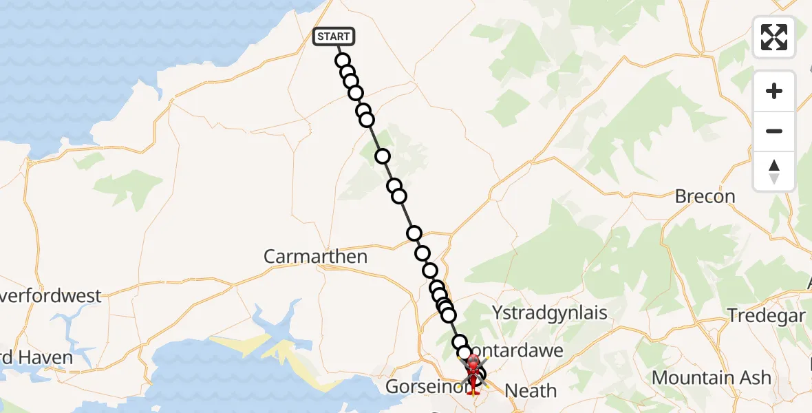 Flight route Air Ambulance Helicopter Mydroilyn - Morriston Hospital Helipad, 22 May 2026, 18:20