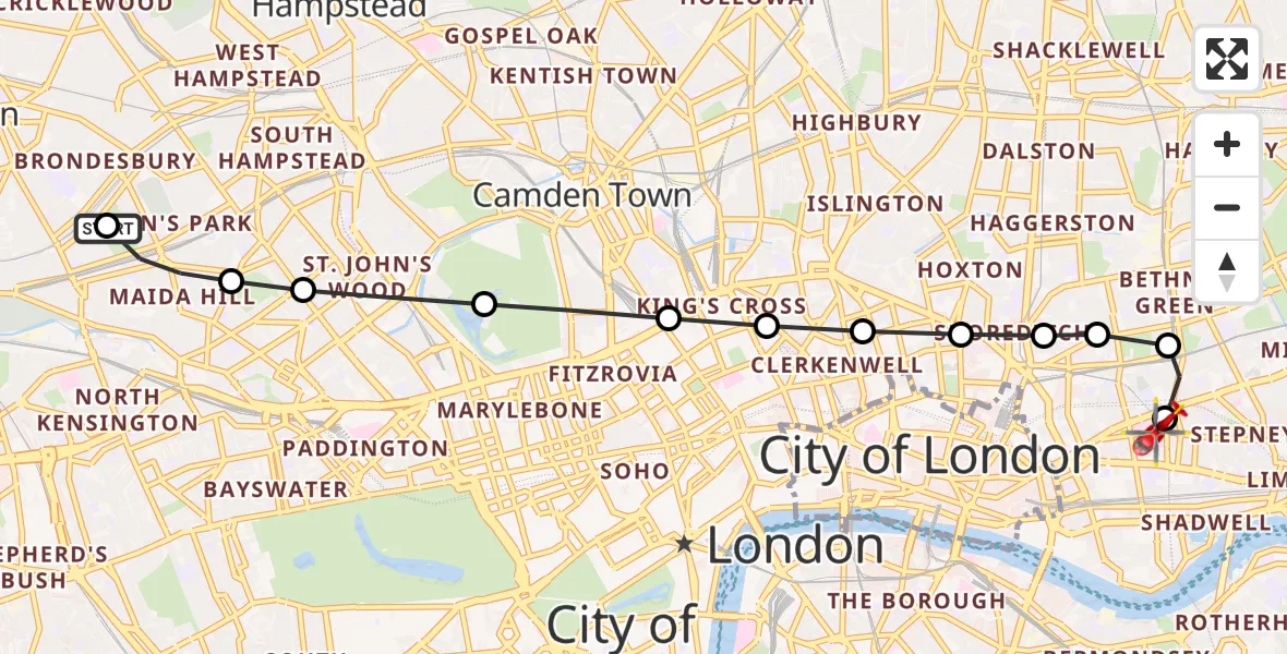 Flight route Air Ambulance Helicopter Brondesbury - Royal London Hospital, 22 May 2026, 18:30