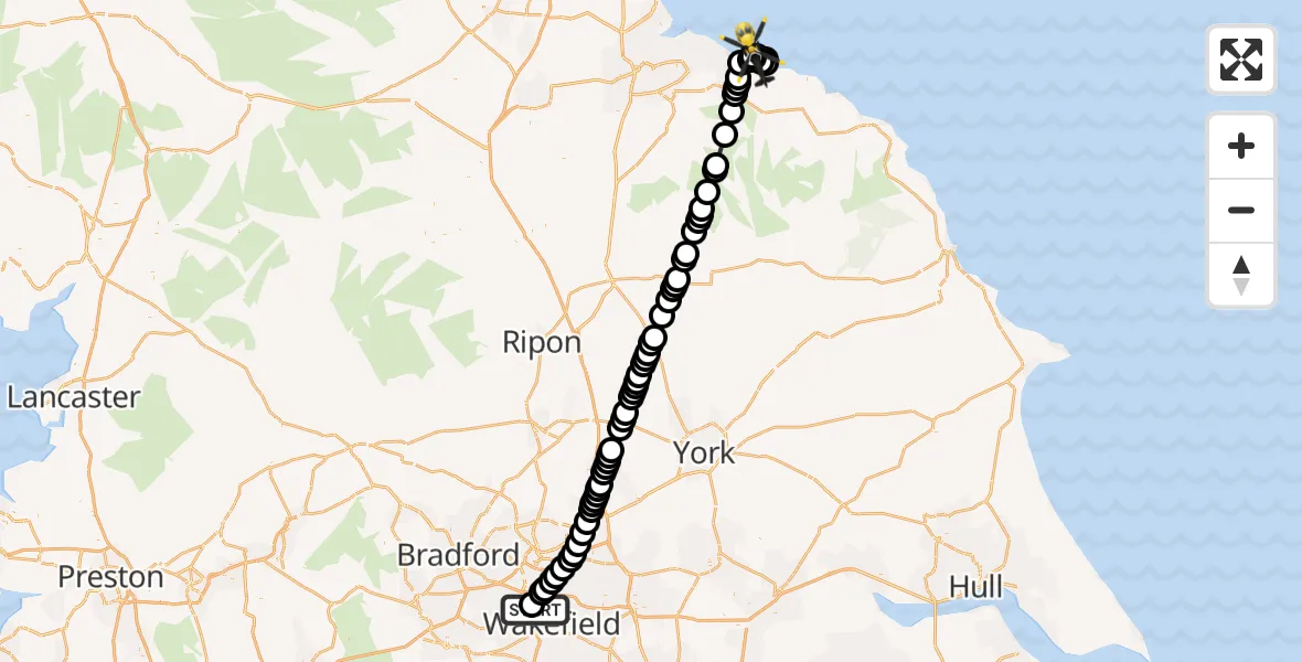 Flight route Police Helicopter East Ardsley - Saltburn by the Sea, 22 May 2026, 18:36