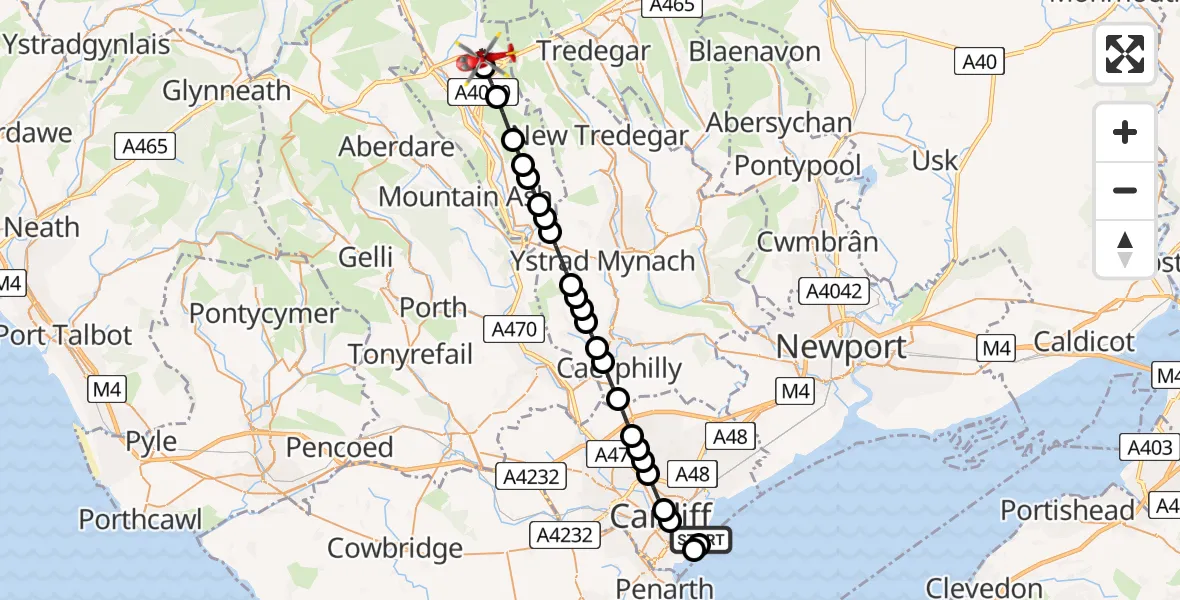 Flight route Air Ambulance Helicopter Cardiff Heliport - Pant, 22 May 2026, 18:39