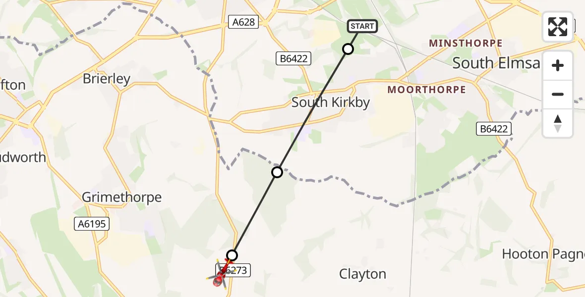 Flight route Air Ambulance Helicopter South Kirkby - Thurnscoe, 22 May 2026, 18:40