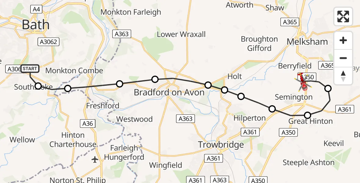 Flight route Air Ambulance Helicopter Bath - Melksham, 22 May 2026, 18:41