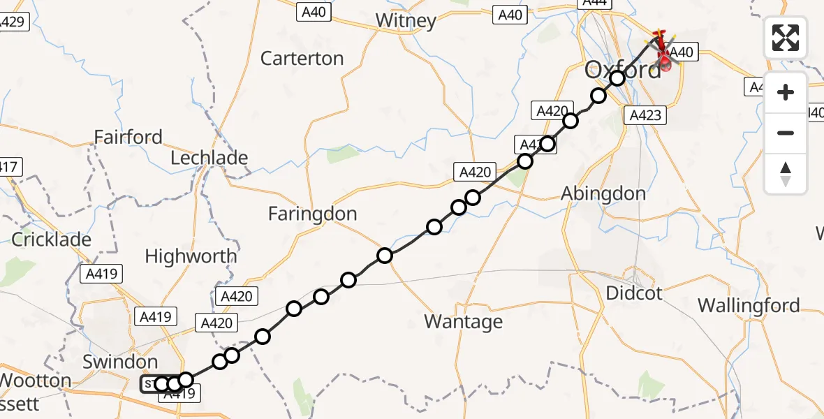 Flight route Air Ambulance Helicopter Eldene - John Radcliffe Hospital, 22 May 2026, 18:47
