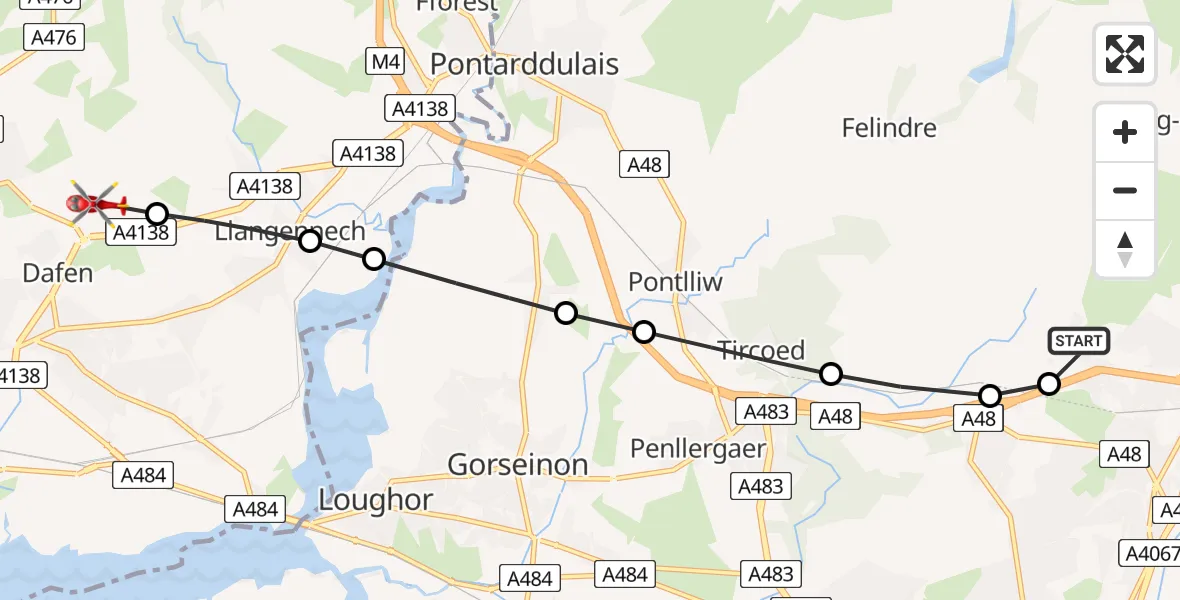 Flight route Air Ambulance Helicopter Morriston Hospital Helipad - Dafen, 22 May 2026, 18:47