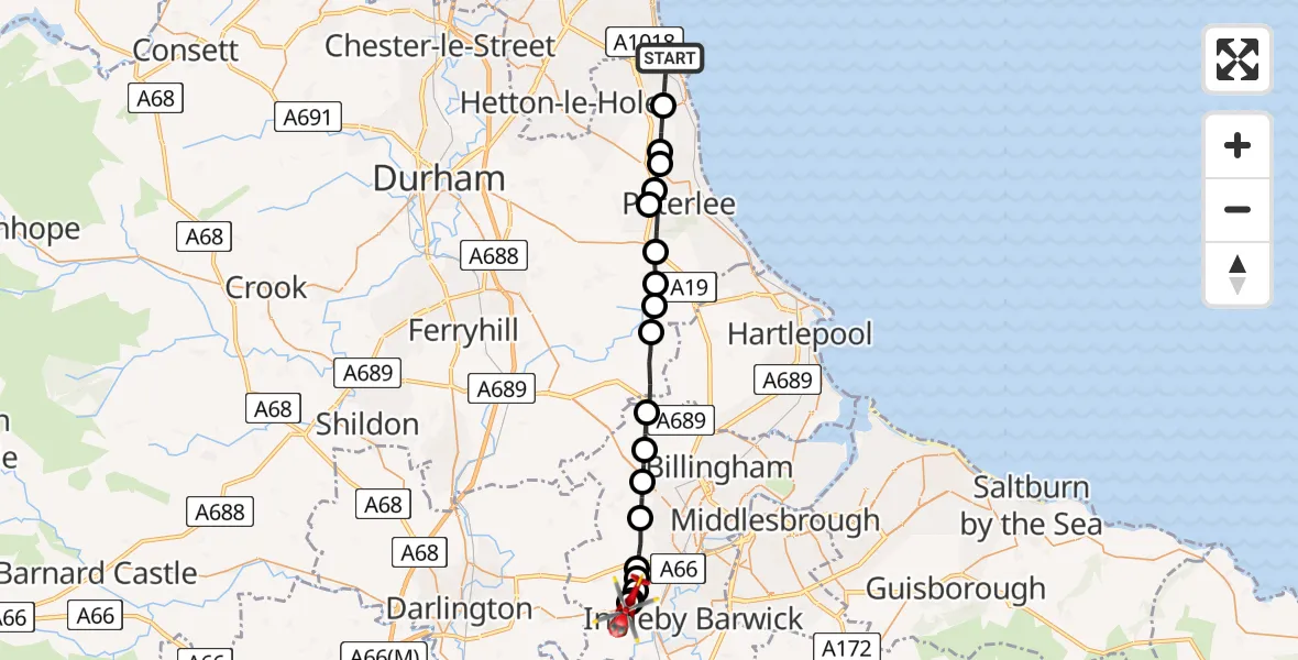 Flight route Air Ambulance Helicopter Seaham - Egglescliffe, 22 May 2026, 18:48