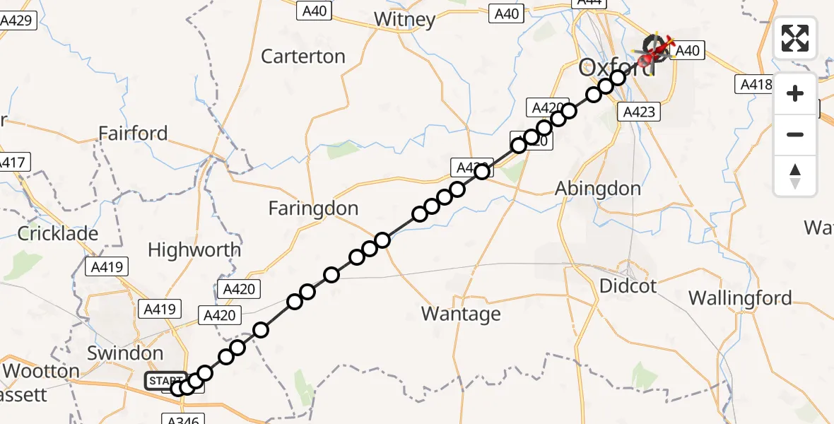 Flight route Air Ambulance Helicopter Badbury Park - Oxford, 22 May 2026, 18:50