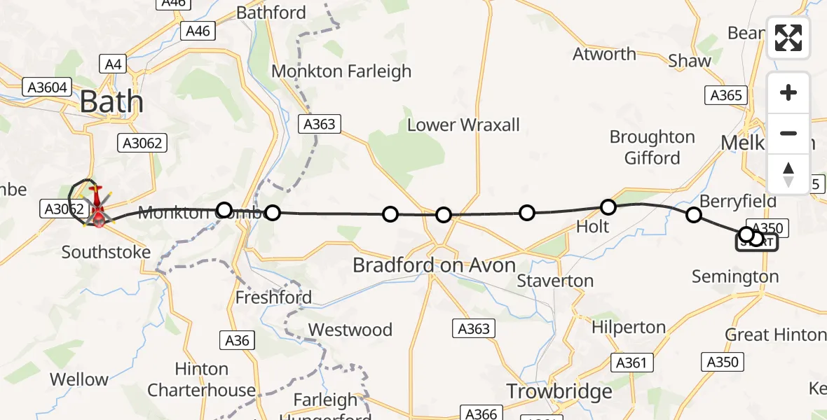 Flight route Air Ambulance Helicopter Wiltshire Air Ambulance - Bath, 22 May 2026, 18:57