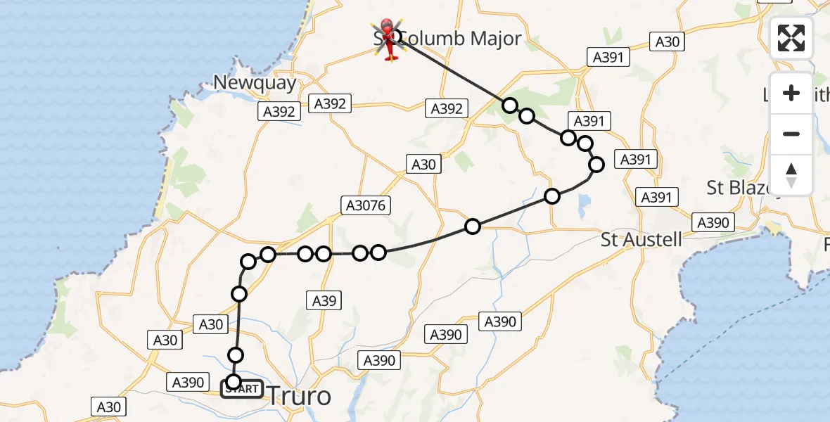 Flight route Air Ambulance Helicopter Treliske Hospital - Cornwall Airport Newquay, 22 May 2026, 18:58