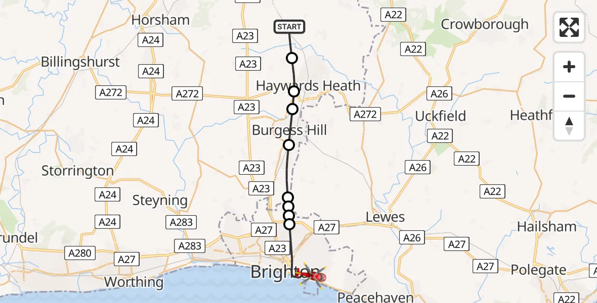 Flight route Air Ambulance Helicopter Balcombe - Brighton, 22 May 2026, 19:07