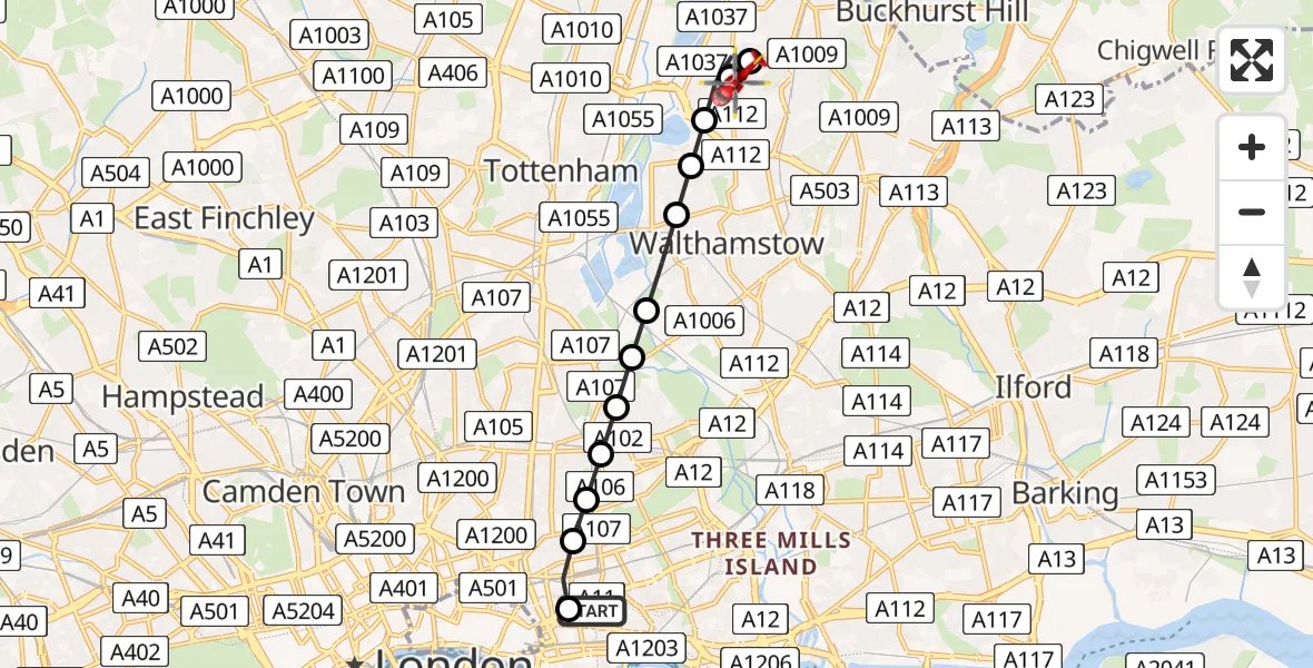 Flight route Air Ambulance Helicopter Royal London Hospital - Waltham Forest, 22 May 2026, 19:14