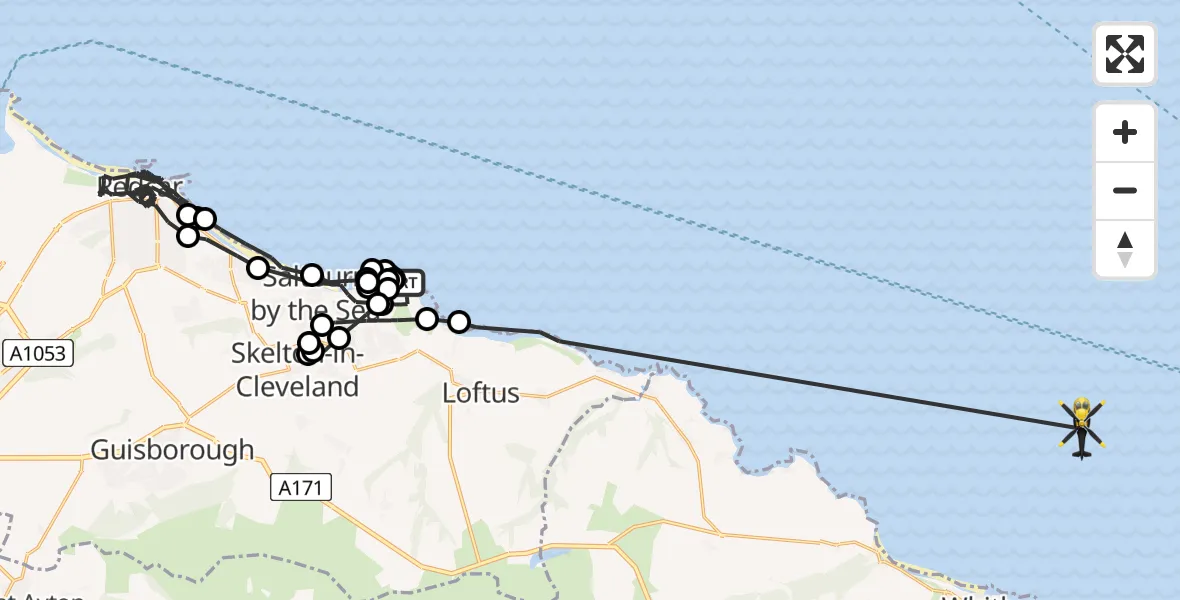 Flight route Police Helicopter Brotton - North Sea, 22 May 2026, 19:15