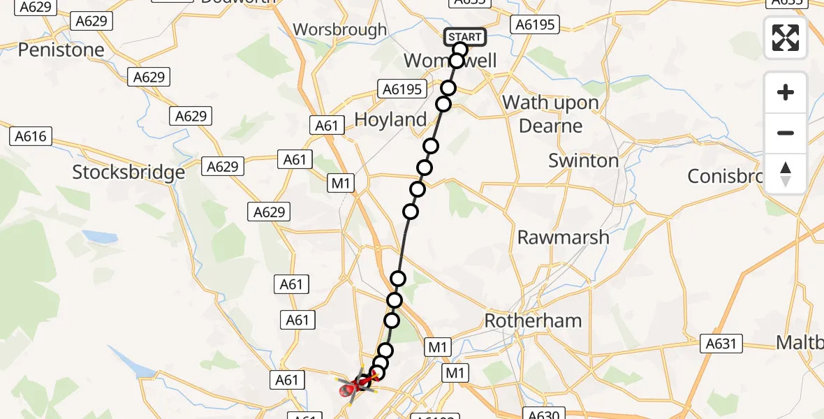 Flight route Air Ambulance Helicopter Barnsley - Sheffield Northern Hospital, 22 May 2026, 19:15