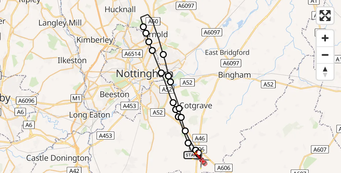 Flight route Air Ambulance Helicopter Widmerpool - Nottingham Heliport, 22 May 2026, 19:21