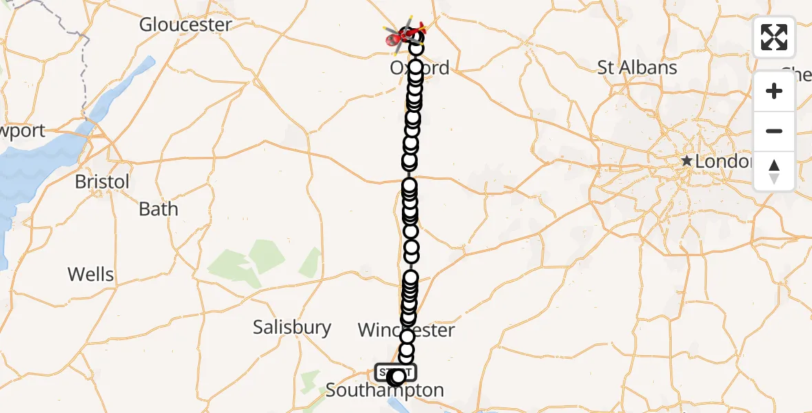 Flight route Air Ambulance Helicopter Southampton Airport - London Oxford Airport, 22 May 2026, 19:24