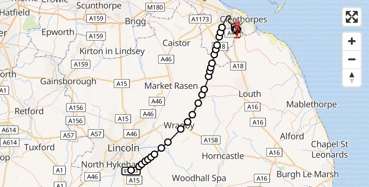 Flight route Air Ambulance Helicopter RAF Waddington - Grimsby, 22 May 2026, 19:27