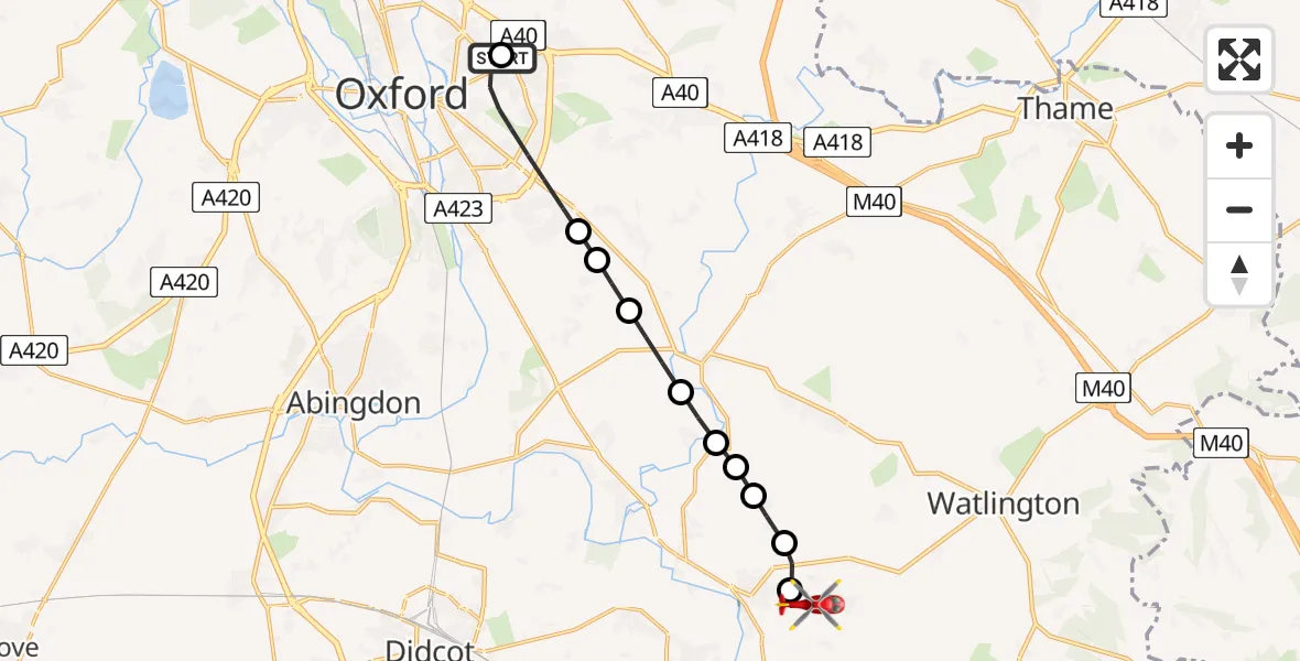 Flight route Air Ambulance Helicopter John Radcliffe Hospital - RAF Benson, 22 May 2026, 19:28