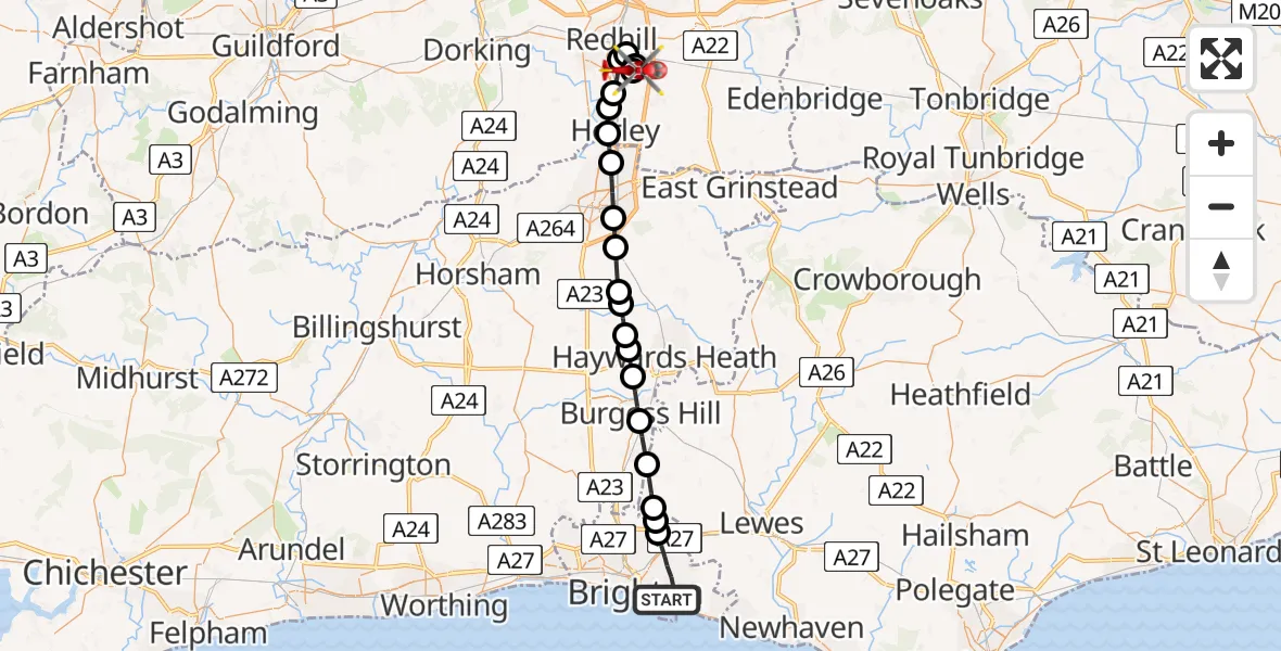Flight route Air Ambulance Helicopter Brighton - Redhill Aerodrome, 22 May 2026, 19:33