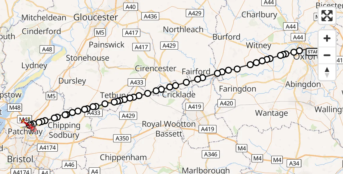 Flight route Air Ambulance Helicopter Oxford - Almondsbury Helicopter Base, 22 May 2026, 19:34