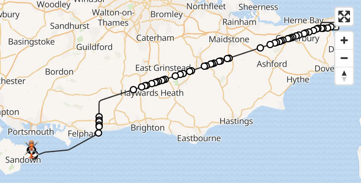 Flight route Coastguard Helicopter Manston Airport - Bembridge, 22 May 2026, 19:34