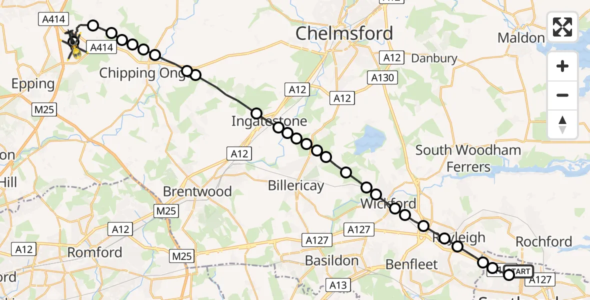 Flight route Police Helicopter London Southend Airport - North Weald Airfield, 22 May 2026, 19:35