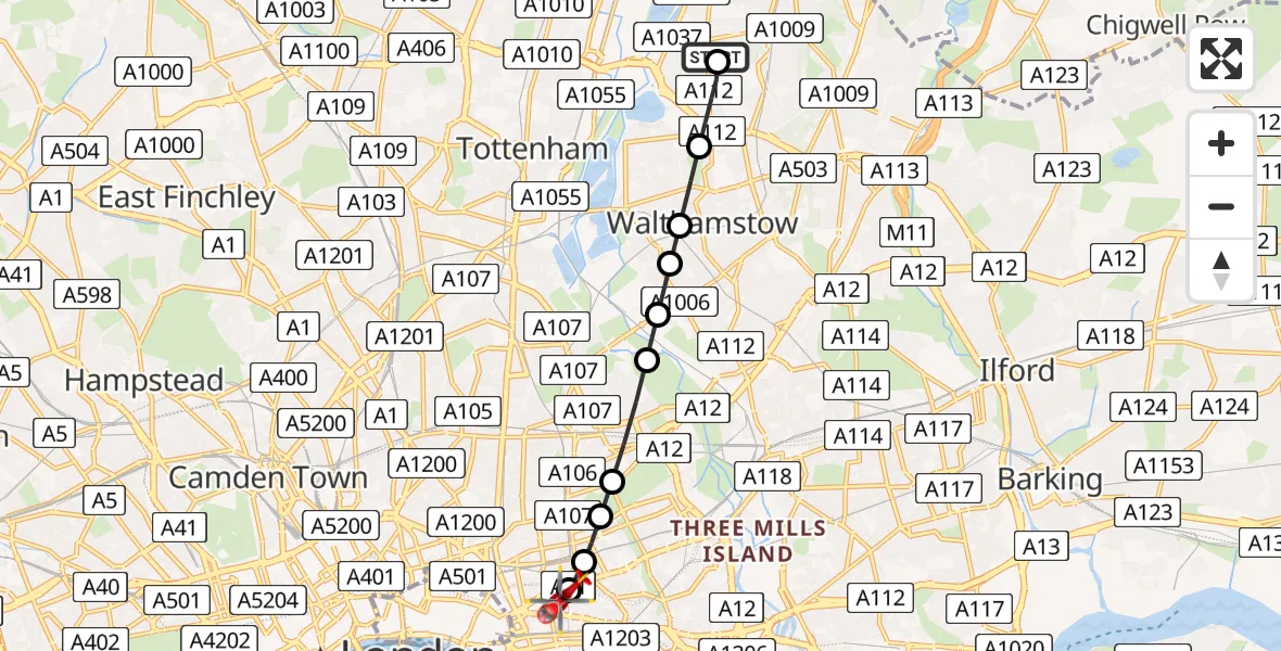 Flight route Air Ambulance Helicopter Highams Park - Royal London Hospital, 22 May 2026, 19:36