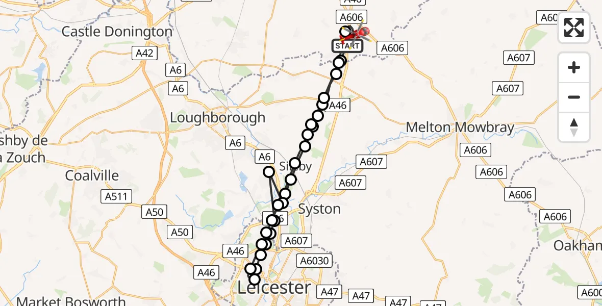 Flight route Air Ambulance Helicopter Rushcliffe - Nottingham Heliport, 22 May 2026, 19:41