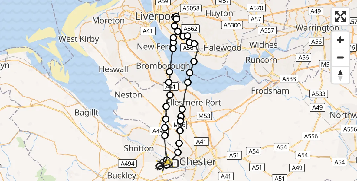 Flight route Police Helicopter Saltney Ferry - Hawarden Airport, 22 May 2026, 19:43