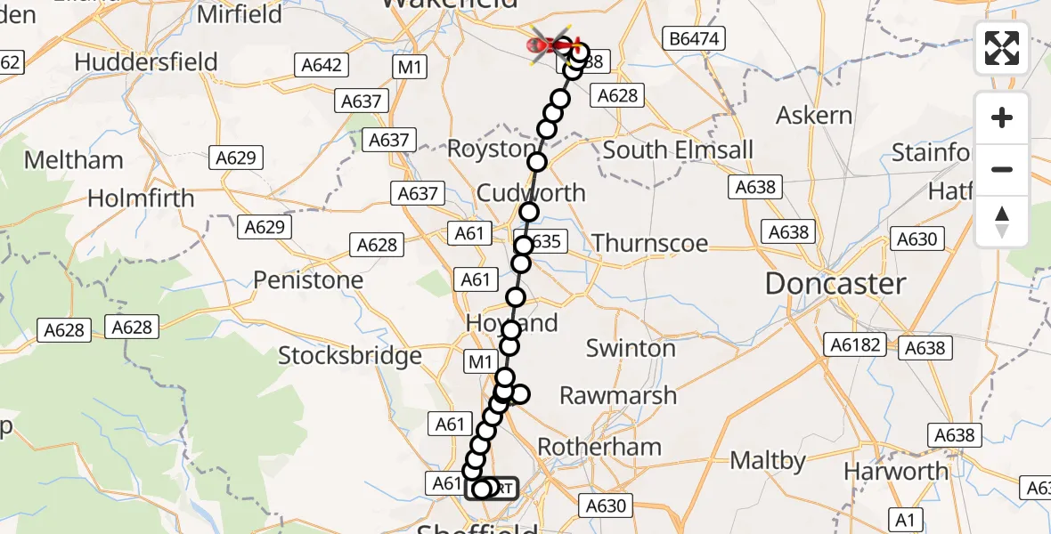 Flight route Air Ambulance Helicopter Sheffield Northern Hospital - YAA Nostell Helicopter Port, 22 May 2026, 19:55
