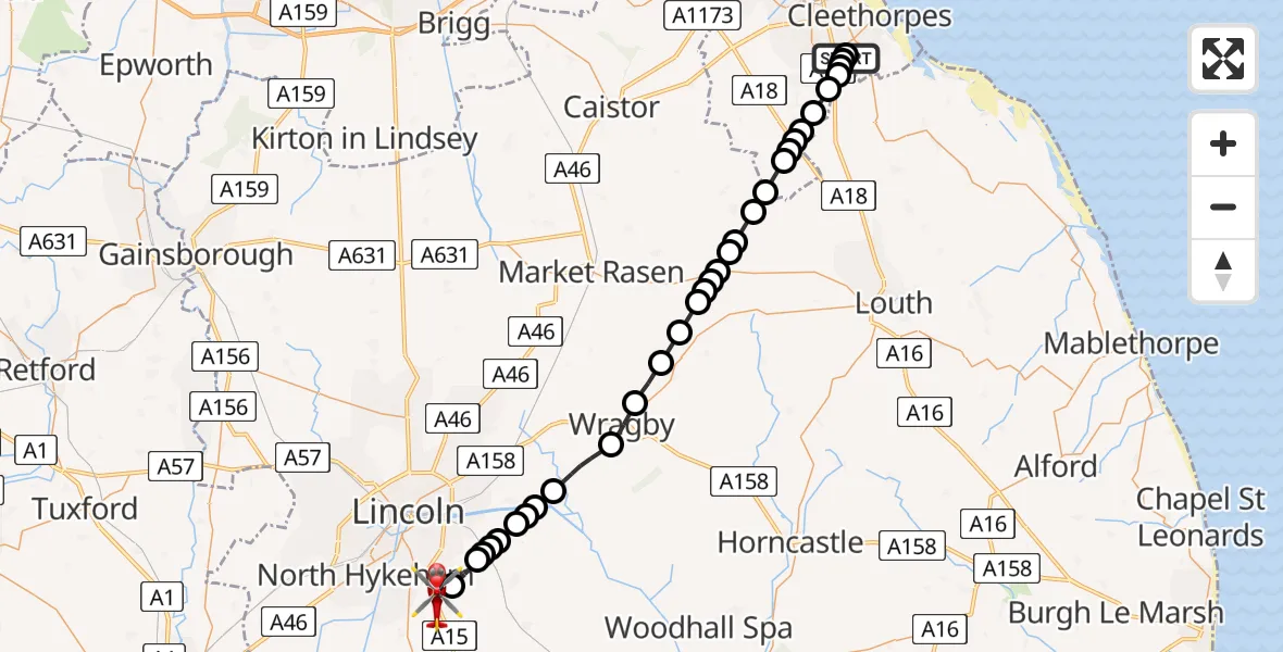 Flight route Air Ambulance Helicopter New Waltham - North Kesteven, 22 May 2026, 20:01