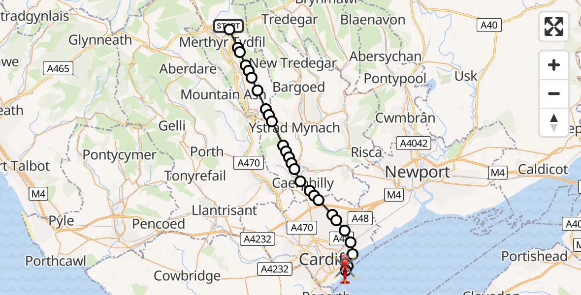 Flight route Air Ambulance Helicopter Pant - Cardiff Heliport, 22 May 2026, 20:01