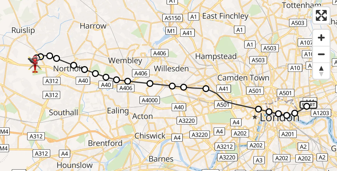 Flight route Air Ambulance Helicopter Royal London Hospital - RAF Northolt, 22 May 2026, 20:02